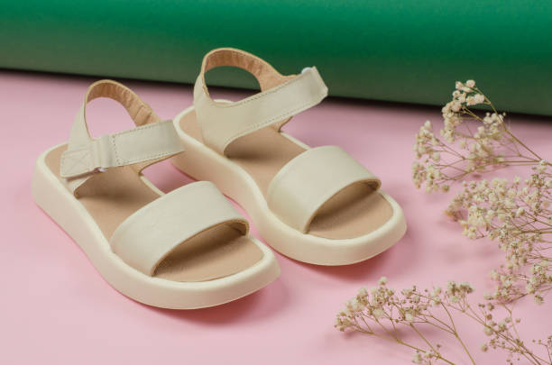 istock Stylish women's sandals on a pink background 1448200570