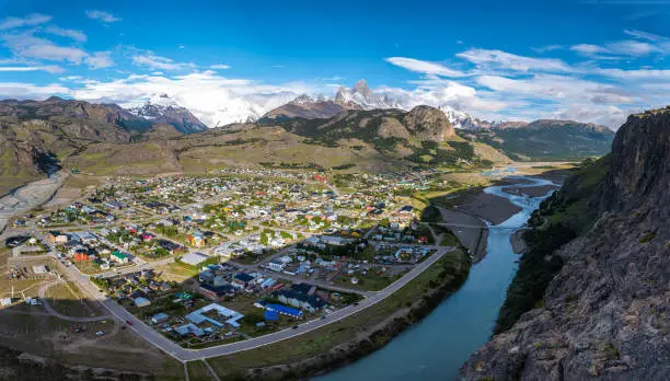 panoramic view of el chalten town with fitzroy mountain at background, argentina