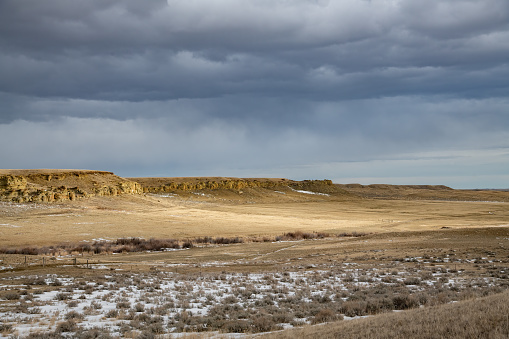 Mesas, valleys and dramatic skies of central Montana's prairies in northwest USA