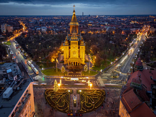 Aerial view of Timisoaras lights and decorations for the Christmas Market. Photo taken on 10th of December 2022 in Timisoara, Timis county, Romania.