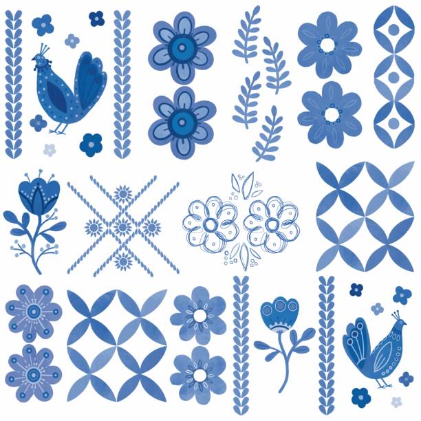 ilustraciones, imágenes clip art, dibujos animados e iconos de stock de diseño floral de damasco azul acuarela dibujado a mano. patrón sin costuras, adorno de azulejos. rama azul, flores y hojas. - pájaro azulejo