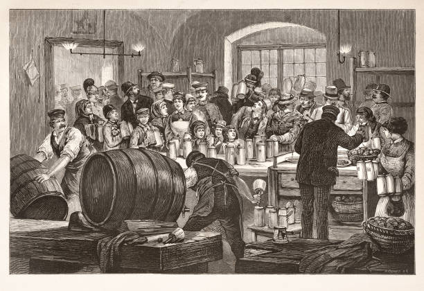 ilustrações, clipart, desenhos animados e ícones de pessoas esperando por cerveja na hofbräuhaus em munique 1888 - illustration and painting engraving old fashioned engraved image