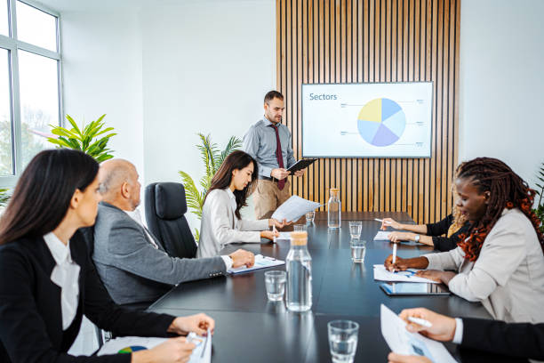 istock Businessman leading business meeting using statistics chart on presentation TV 1448216958
