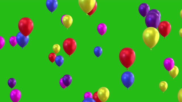 MultiColoured Helium Balloons Flying from Bottom to top Isolated on Green Screen Background ,4K Video Element
