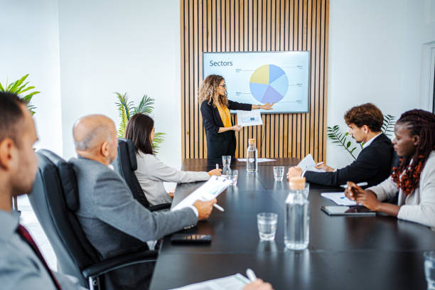 istock Businesswoman leading business meeting using statistics chart on presentation TV 1448217016