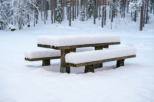 A deep, heavy layer of untouched, fresh, fluffy white snow covers the picnic tables and benches in the nature park.