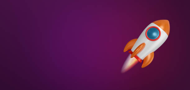 istock Cartoon rocket on purple background. Flying spaceship with flame from engine. 3D rendered image. 1448220612