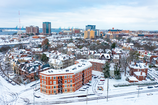 Aerial View of the Homes in Ghent and the Sentara Medical Campus in Norfolk Virginia After a Snow Storm