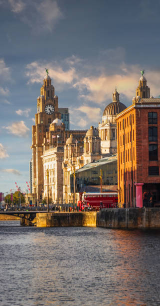 looking over to the buildings on the historic waterfront in liverpool from the royal albert docks - cunard building imagens e fotografias de stock