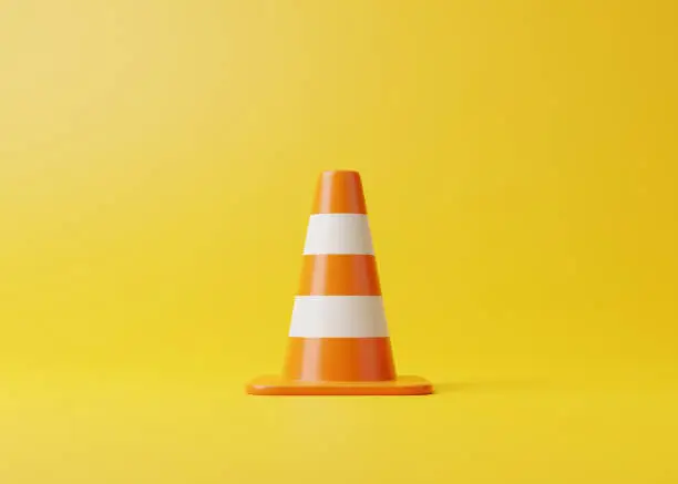 Orange traffic cone with white stripes on yellow background. Cartoon minimalist style. 3D rendering illustration