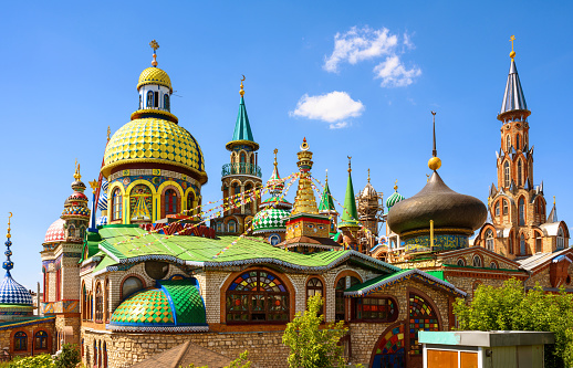 All Religions temple in Kazan, Tatarstan, Russia. It is landmark of Kazan. Panorama of beautiful colorful complex of churches, mosques and other places of worship. Theme of tourism, travel in Kazan.
