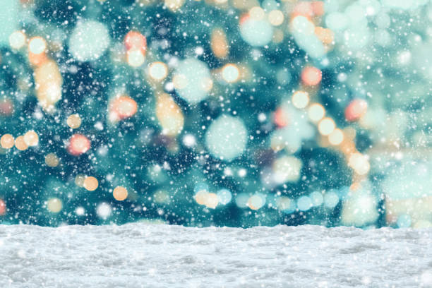 istock Empty white snow with blur Christmas tree with bokeh light background 1448225850