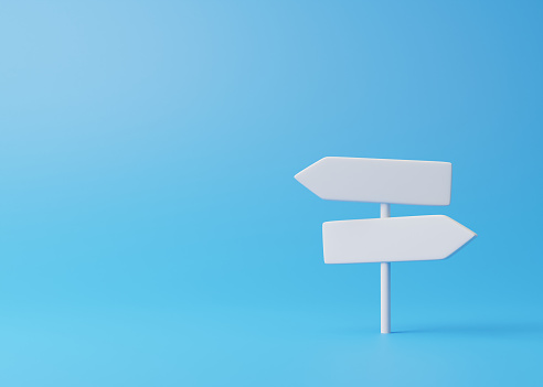 White direction sign on a blue background in pastel colors. Minimalistic creative concept. 3d rendering 3d illustration