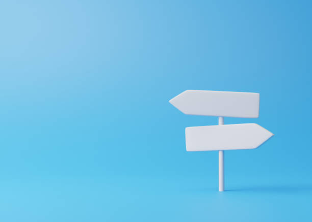 White direction sign on a blue background in pastel colors White direction sign on a blue background in pastel colors. Minimalistic creative concept. 3d rendering 3d illustration directional sign 3d stock pictures, royalty-free photos & images