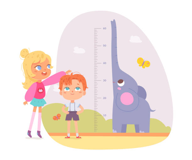 illustrazioni stock, clip art, cartoni animati e icone di tendenza di gli amici dei bambini misurano l'altezza con righello e allegra illustrazione vettoriale dell'elefante. ragazza del fumetto in piedi con il bambino, grafico della crescita del progresso con scala in pollici e animale isolato su bianco - metro per laltezza