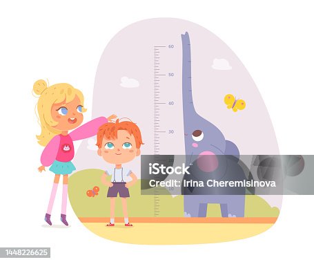 istock Kids friends measure height with ruler and cheerful elephant vector illustration. Cartoon girl standing with baby boy, chart of progress growth with scale in inches and animal isolated on white 1448226625