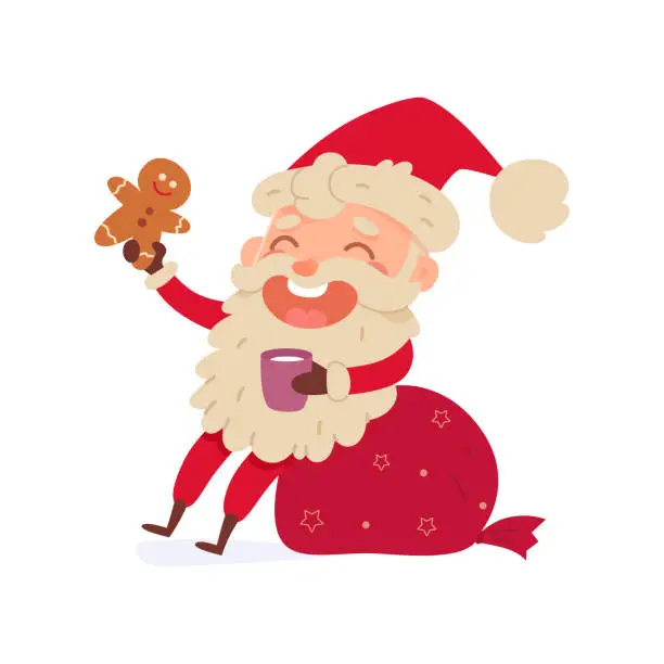 Vector illustration of Santa Claus character drinking hot milk with gingerbread cookie, sitting on gifts bag