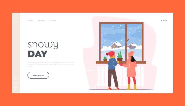 Vector illustration of Snowy Day Landing Page Template. Little Kids in Winter Clothes Looking on First Snow through Window Vector Illustration