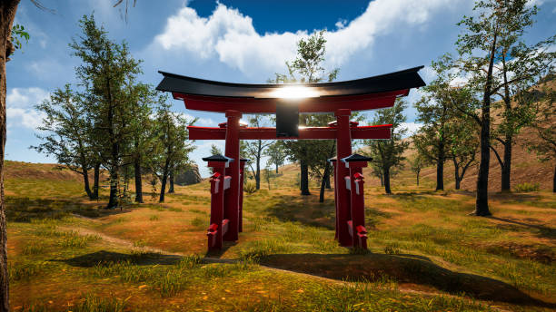 istock Graphic resources for sustainable development goals, biodiversity, a growing economy and ecology. 3D render with Torii gate 1448227158