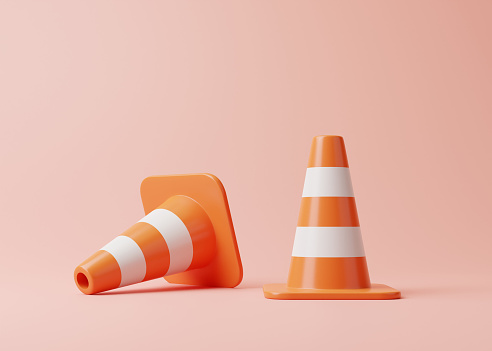 Two Orange traffic cones with white stripes on pink background. Cartoon minimalist style. 3D rendering illustration