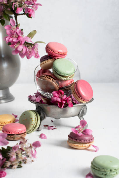 istock spring still life with colored macaroons and pink apple tree flowers in a pewter 1448228267