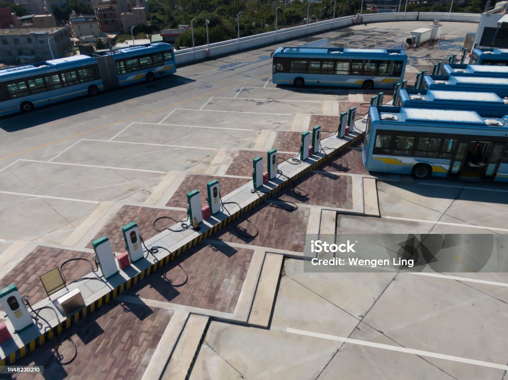 Charge Bus Electric Bus Charging Station Stock Photo - Download Image Now - Aerial ...