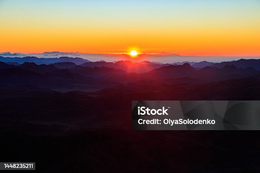 istock Beautiful sunrise on a top of Mount Sinai (Moses Mount) in Egypt 1448235211