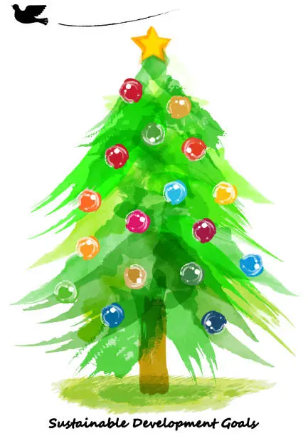 Vector illustration of SDGs 17colors watercolor Christmas tree and a peace dove