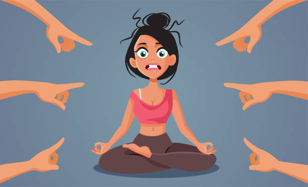 People Pointing Fingers at Stressed Young Woman Vector Illustration Desperate girl feeling criticized and judged by everyone for her looks humiliate stock illustrations