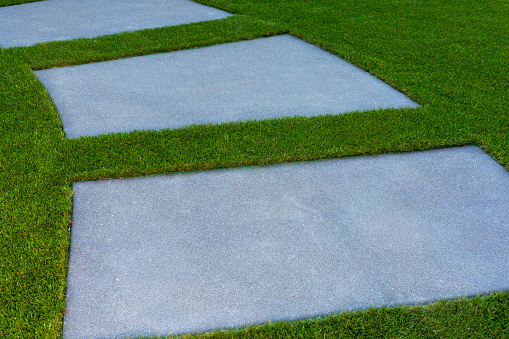 Stone foot pathway in the park. Concrete path on green lawn.