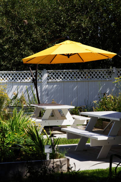 istock White Picnic Tables Under Yellow Umbrella In Garden 1448245627