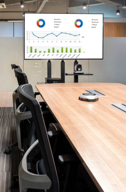 istock Television with presentation slideshow in meeting room 1448245667