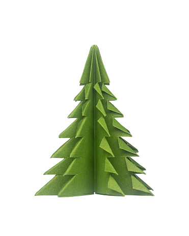 Christmas tree folded from green paper on white background with clipping path