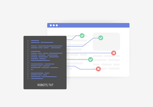 Robots.txt for SEO - controlling crawling and indexing website concept. Create crawlable pages for web search engine robots. Vector illustration in flat design.