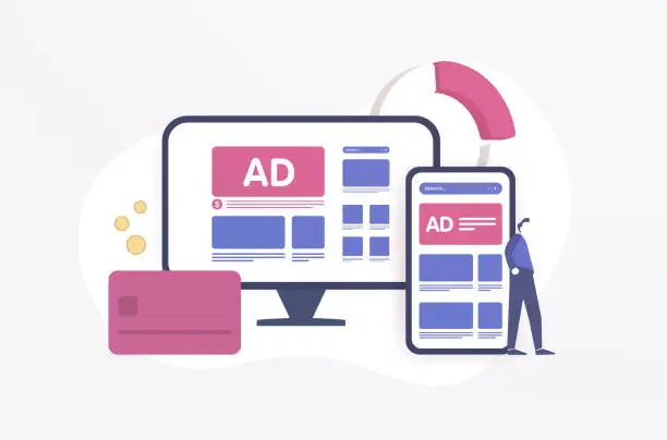 Vector illustration of Successful native in-feed advertising campaign strategy. Inbound online marketing with programmatic social network advertising on the smartphone and desktop display