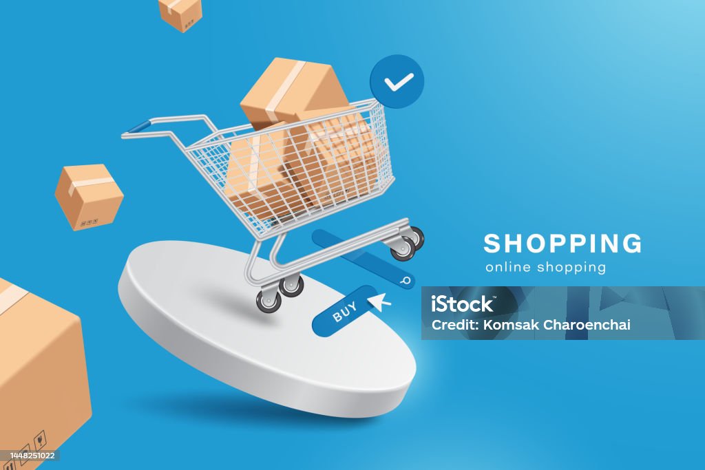 Parcel boxes or cardboard float into shopping cart and have an order confirm pop-up icon next to them and all float above buy icon - Royalty-free Winkelwagentje vectorkunst Parcel boxes or cardboard float into shopping cart and have an order confirm pop-up icon next to them and all float above buy icon - Royalty-free Winkelwagentje vectorkunst