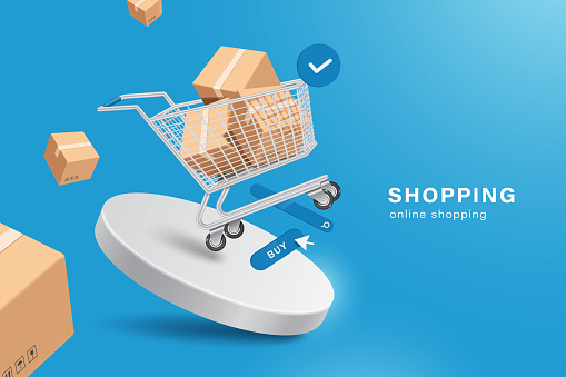 Parcel boxes or cardboard float into shopping cart and have an order confirm pop-up icon next to them and all float above buy icon,search bar and round white podium,vector 3d for shopping design