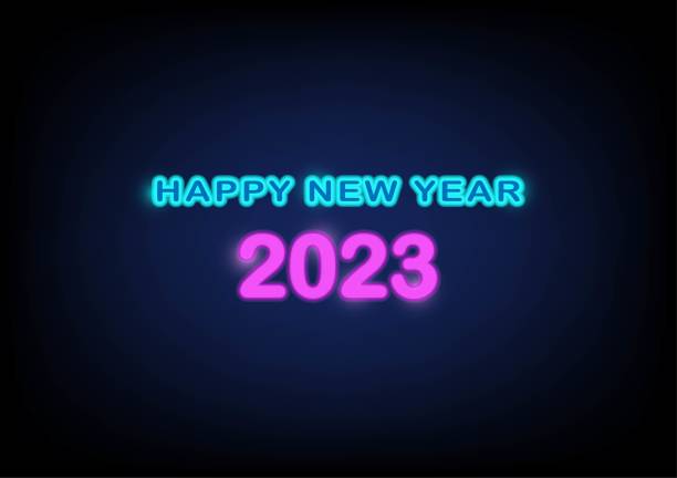istock Happy new year 2023 text neon background for holiday greeting card, flyers or posters. 1448254609