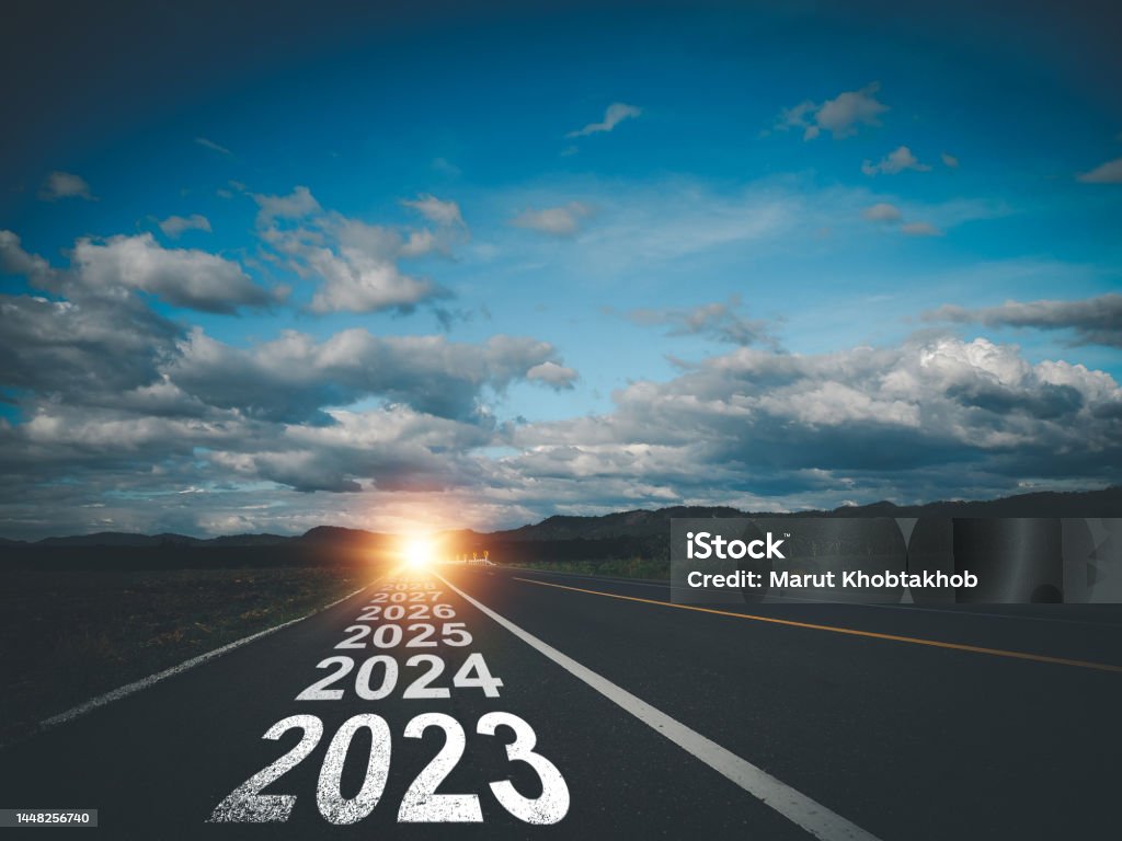 2023 letters on the road 2023 letters on the road. The beginning of the year 2023 that continues to line up the year of the future. The Way Forward Stock Photo