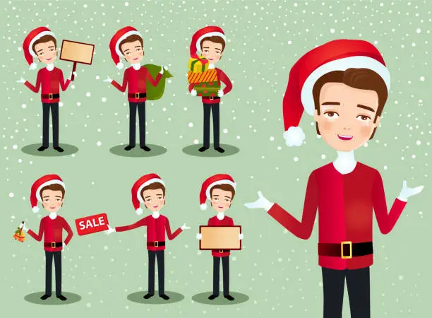 Vector illustration of A Set of Handsome Young Man wearing Santa Claus Outfit.