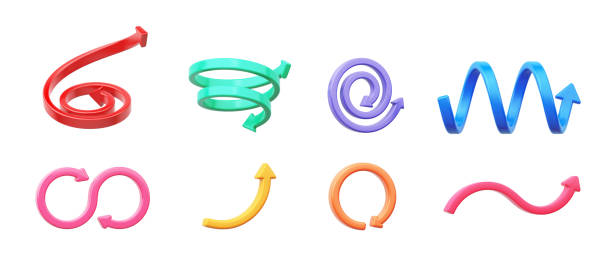 3D model collection set arrow symbol design roll, curve, spring, wave and infinity shape. style cute cartoon kid pastel plastic smooth glossy white background. Object clipping path. 3D Illustration.
