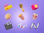3D model set. cinema entertainment media with popcorn, film strip, clapperboard, speaker, movie camera, vintage microphone style cute cartoon kid plastic smooth glossy. clipping path. 3D Illustration.