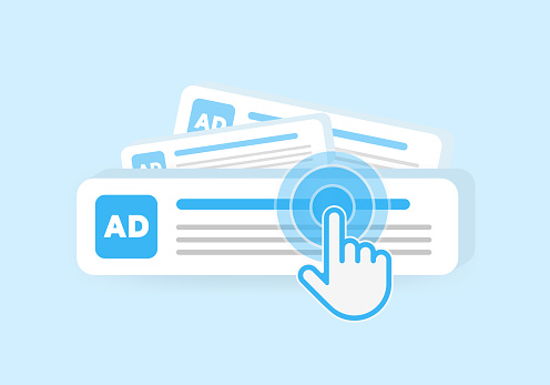 Targeted contextual ppc advertising or banner online ads concept. Contextual Digital Marketing, Behavioral Targeting or Retargeting illustration. Cursor icon clicks on advertisement among many others.
