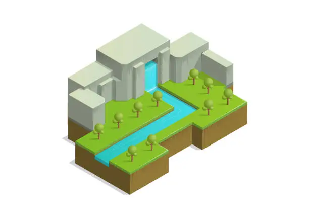 Vector illustration of beautiful island with waterfall park and river