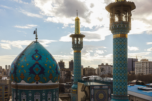 Top view of Grand Mosque Emamzadeh Saleh in the center of Tajrish bazaar, North Tehran, Iran