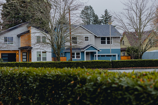 A residential middle class neighborhood in Portland Oregon on a overcast day in the fall. Shot in December 2022