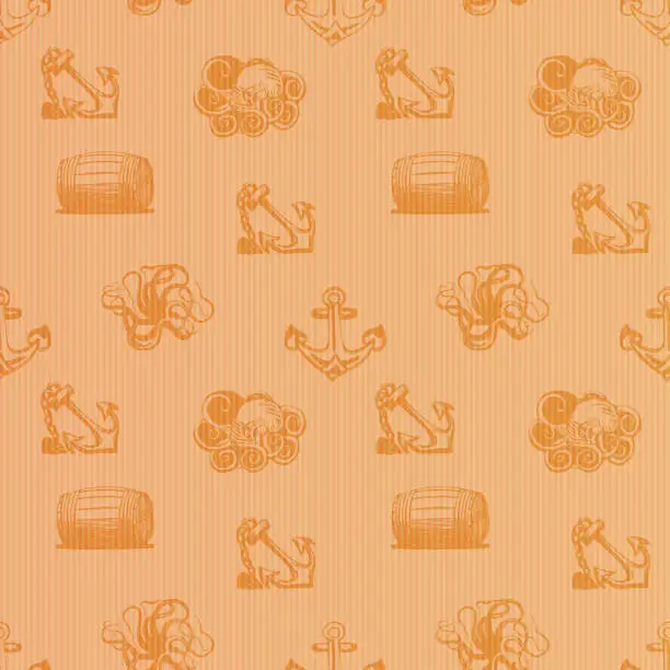 Vector illustration of Seamless background in nautical retro nautical style. Anchor, octopus and barrel on a striped cardboard background. Creative retro illustration for app, website, presentation or design.