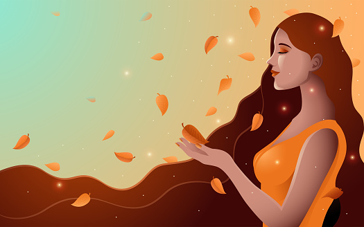 Beautiful woman with long hair in the autumn season, vector illustration