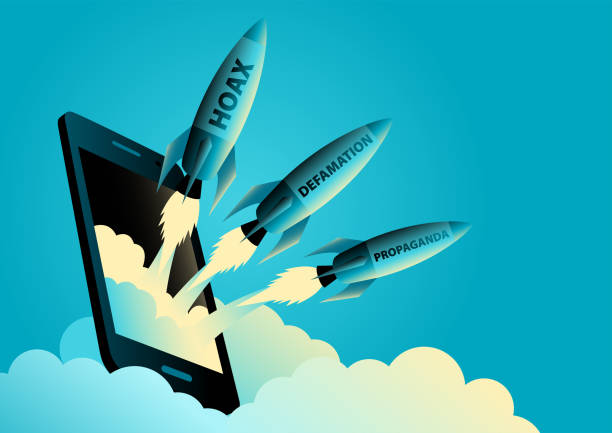 Smart phone launching rockets that read hoax vector art illustration