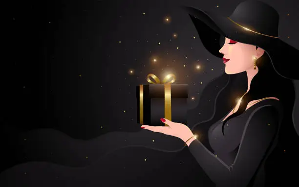 Vector illustration of Beautiful woman with black long hair holding a black giftbox